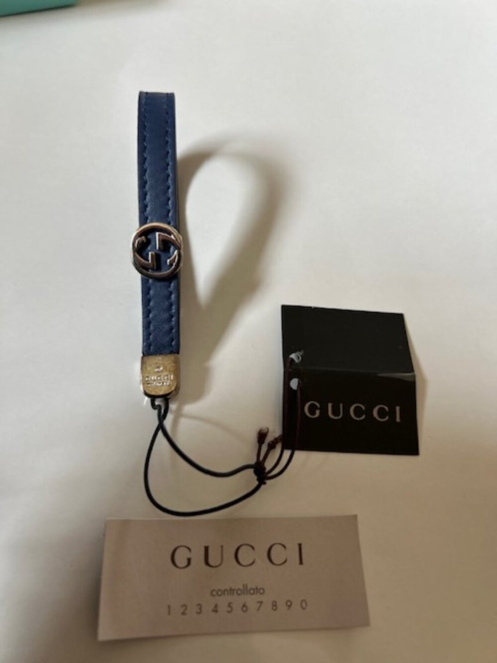 New Authentic Gucci Interlocking G Blue Leather Phone Strap Brushed Nickel Metal